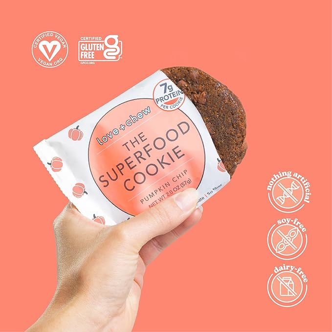 Love + Chew Tasty, Gluten Free Cookies - Pumpkin Chip 10 Count - Vegan - Healthy, Paleo, Non GMO Snacks - Individually Wrapped, Soft Baked Cookies - Made from High Protein Almonds - 2 Ounce Each