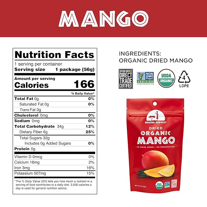 Mavuno Harvest Mango Dried Fruit Snacks | Unsweetened Organic Dried Mango Slices | Gluten Free Healthy Snacks for Kids and Adults | Vegan, Non GMO, Direct Trade | 2 Ounce, Pack of 3