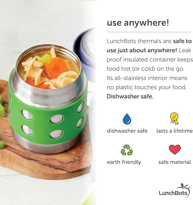 LunchBots Thermal 8 oz Triple Insulated Thermos - Hot 6 Hours or Cold 12 Hours - Leak Proof Thermos Soup Jar - All Stainless Interior - Navy Lid - Green Dots