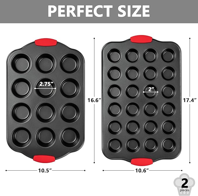 Tiawudi Muffin Pan, Nonstick Cupcake Pan Set, 2 Pack Heavy Duty Muffin Tins for Baking, 12-Cup Regular and 24-Cup Mini Bareware Tray with Silicone Grip Handles