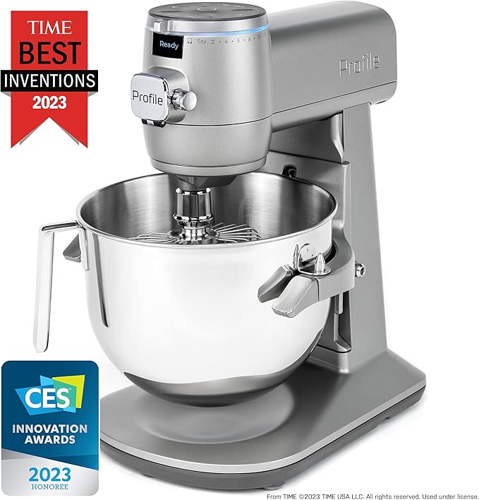 GE Profile Smart Stand Mixer w/Built-In Smart Scale & Auto Sense Technology, 7qt Stainless Steel Bowl, 11 Speed l Dough Hook, Beater, 11-wire whip l works w/Amazon Alexa & Google Home l Mineral Silver