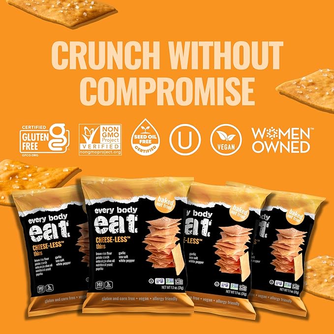 Every Body Eat Snack Thins, Gluten & Dairy Free, Vegan, School Safe Lunch Snacks, Cheese-Less (20 Single Serve Bags, 1.1oz)
