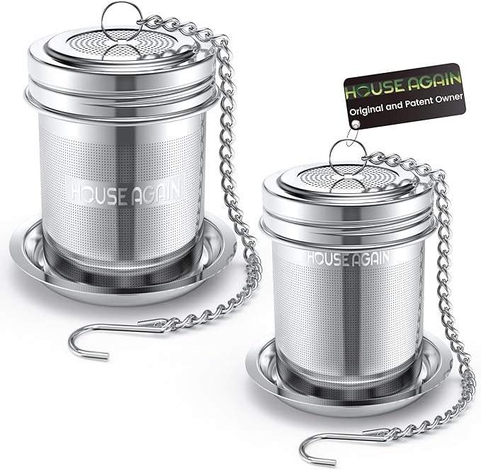 House Again Tea Infuser (2 Pack, Large + Small), Extra Fine Mesh Tea Strainers for Loose Tea, 18/8 Stainless Steel Tea Strainer with Extended Chain Hook, Tea Steeper