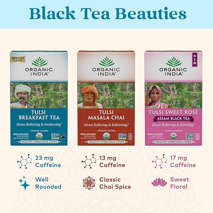 ORGANIC INDIA Tulsi Breakfast Herbal Tea - Black Tea, Holy Basil, Relieve Stress & Energize, USDA Organic, Non-GMO, Caffeinated - 18 Bags, 3 Pack