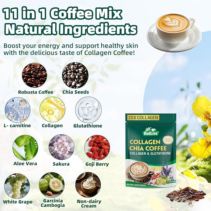 20X Collagen Chia Coffee, 11 in 1 Shape Coffee Mix with Collagen & Chia Seeds, Goji Berry, Supports Hair, Skin & Nails, Boost Beauty & Energy, Sugar Free, Vegan, Gluten-Free, 30 Servings