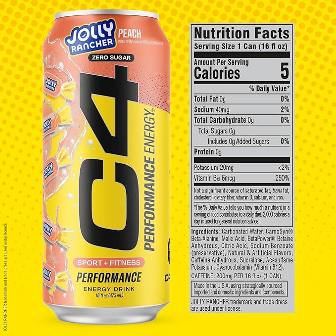 Cellucor C4 Performance Energy Drink | JOLLY RANCHER Peach | Zero Sugar Carbonated Preworkout Energy | 200mg Caffeine with Beta Alanine | 16 Fl Oz (24 Pack)