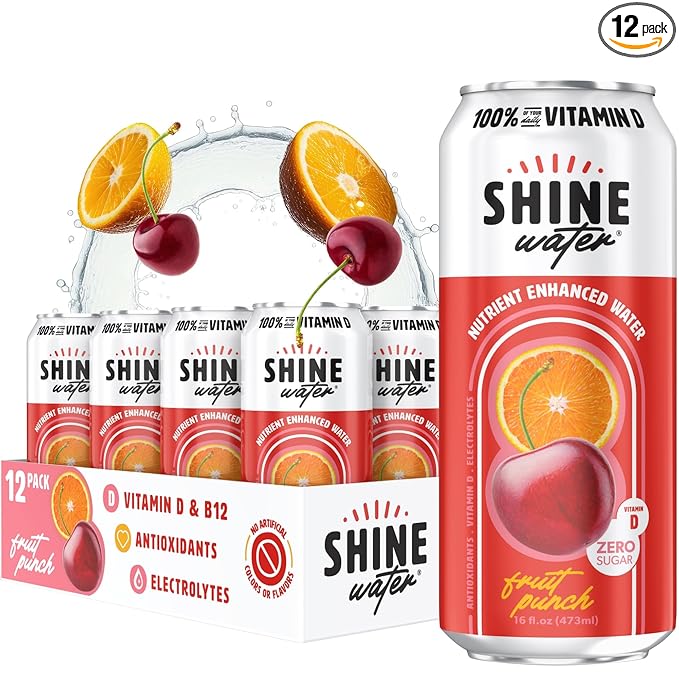 ShineWater Fruit Punch Vitamin D Electrolyte Drink | Zero Sugar Hydration Beverage with Magnesium, Zinc & Antioxidants | Low Calorie Plant-Based Vitamin Water | 12 Pack