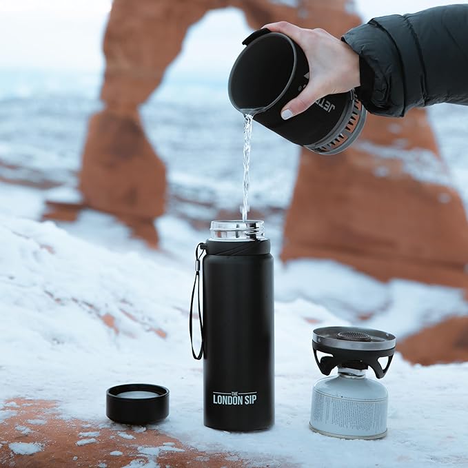 London Sip 25 oz Multi-Function Travel Mug and Tumbler Tea Infuser Water Bottle Fruit Infuser Flask Hot and Cold Double Wall Stainless Steel Coffee Thermos, Zen Black