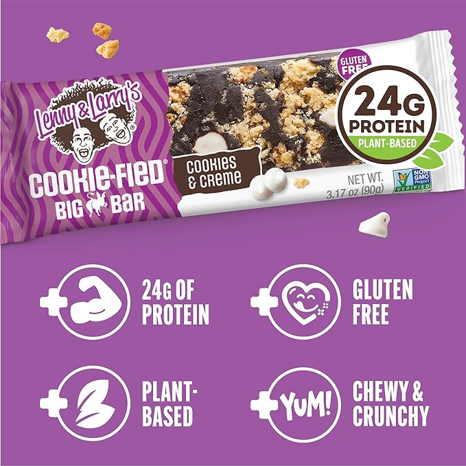 Lenny & Larry's Cookie-fied BIG BAR – Cookies and Creme Vegan Protein Bars 4x90g – Healthy Snacks, 24g Plant Protein & 10g Prebiotic Fiber – Gluten free Power Bar, Vegan
