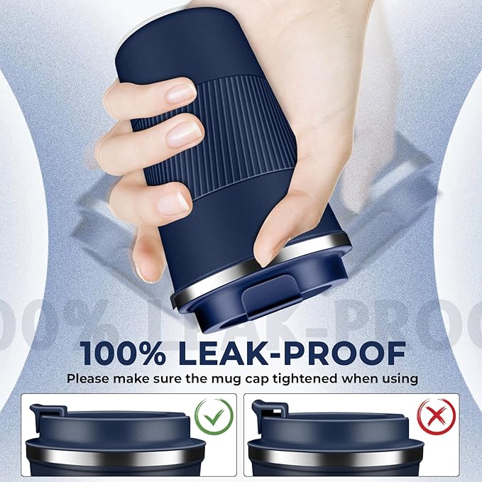 Insulated Coffee Tumbler 12 oz, Stainless Steel Coffee Mug with Lids, Travel Coffee Mug Leak Proof, Double Wall Vacuum Insulated Reusable Coffee Cup, Keep Drinks Hot and Cold (Navy Blue, 12 Ounces)