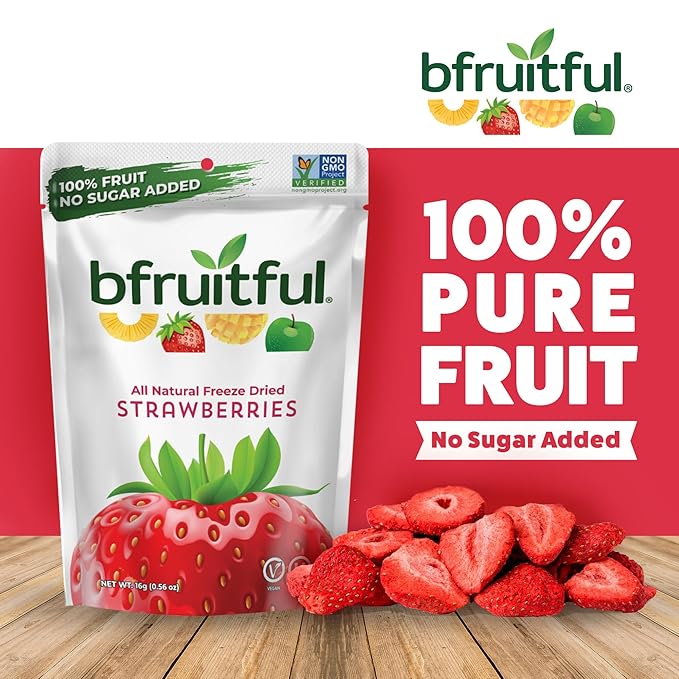 bfruitful Freeze-Dried Strawberries, Freeze Dried Fresh Fruit Bites, Gluten Free, Vegan, Dairy Free, Kosher, No Sugar Added, Non GMO, Healthy Snacks for Kids or Adults, 0.56 oz Single-Serve Snack Packets, 12 Pack