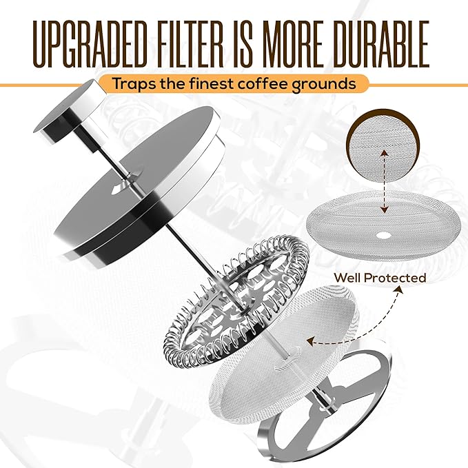 Utopia Kitchen Stainless Steel French Press Coffee Maker 34 Oz (1 Litre) with 2 Extra Filters, French Press Coffee & Tea Maker for Kitchen & Camping, Cold Brew Cafetiere, Silver