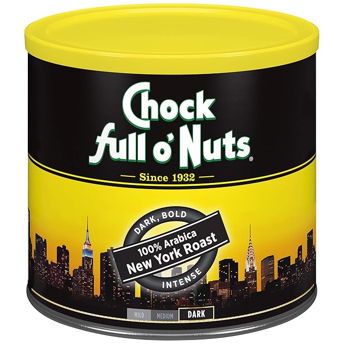 Chock Full o’Nuts New York Roast, Dark Roast Ground Coffee – Gourmet Arabica Coffee Beans – Bold, Full-Bodied and Intense Coffee (23 Oz. Can)