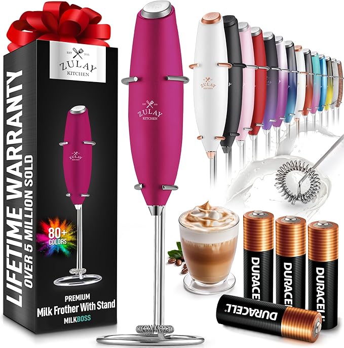 Zulay Kitchen Powerful Milk Frother Wand With 4 AA Duracell Batteries - Ultra Fast Handheld Drink Mixer - Electric Whisk Foam Maker for Coffee, Lattes, Cappuccino, Matcha & Creamer -