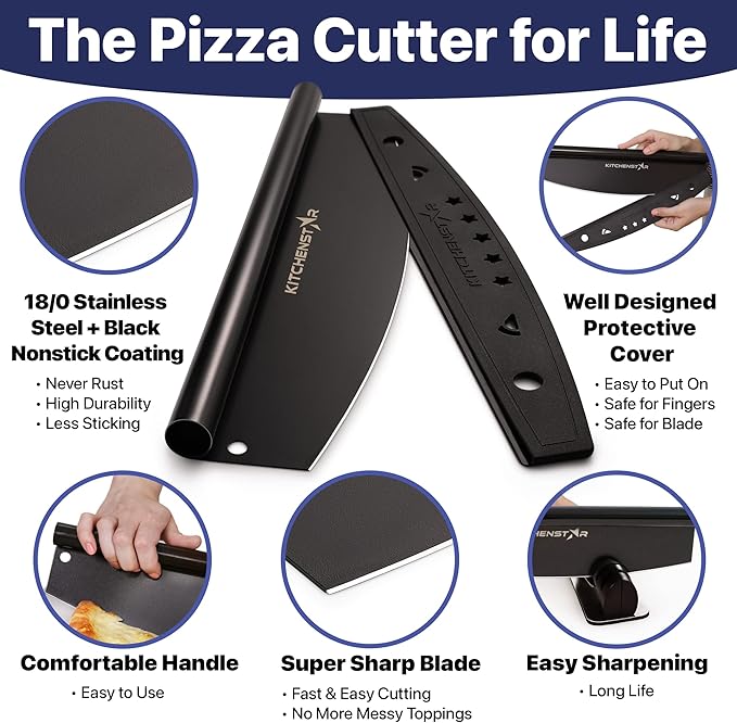 KitchenStar 16-Inch Pizza Cutter Rocker Blade - Sharp Stainless Steel Slicer Knife, Protective Cover, Black Nonstick, Large - Professional Pizza Oven Accessories