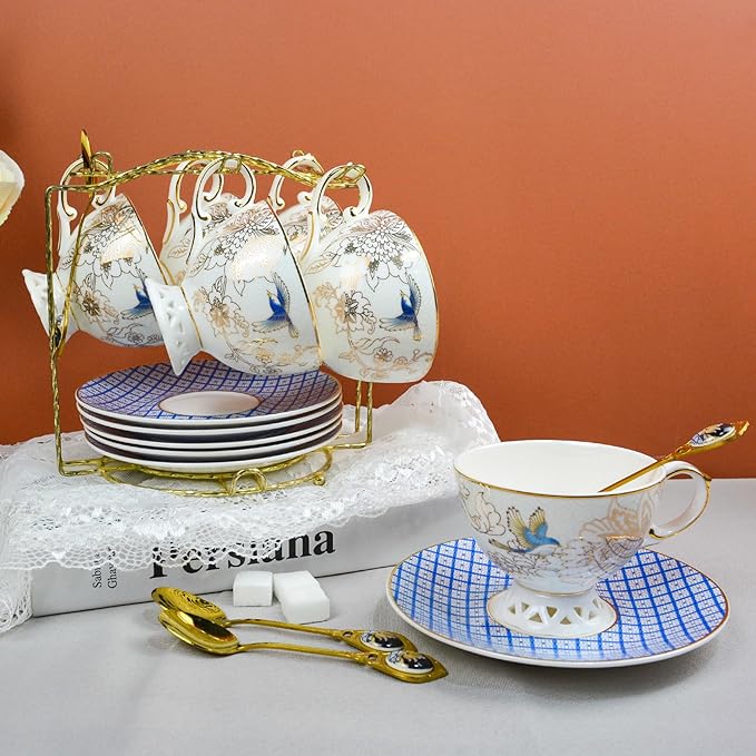 ACMLIFE Bone China Tea Cup and Saucer Set for 1, Vintage Floral Tea Cup with Saucer, Spoon and Gift Box, 6.8 oz (Blue B)
