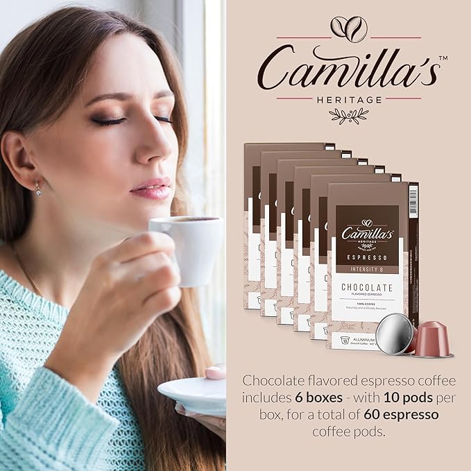 Camilla’s Heritage - Intensity 8 Chocolate Flavored Espresso Coffee, Gourmet Espresso Cups, 60 Coffee Pods