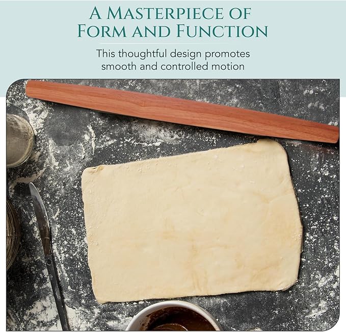 Top Notch Kitchenware Mahogany French Rolling Pin | Non-Stick Kitchen Tool | Tapered Solid Wood Design for Precise Bakin | Ideal for Professional & Home Bakers