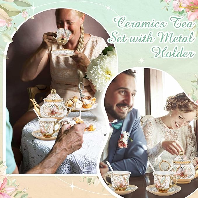 Zhehao 20 Pcs Porcelain Tea Set with Metal Holder and Spoon Adult Ceramic Tea Party Set European Flower Painting Teapot Cup Saucer Spoon Set for Women, Large Version(Traditional Style)
