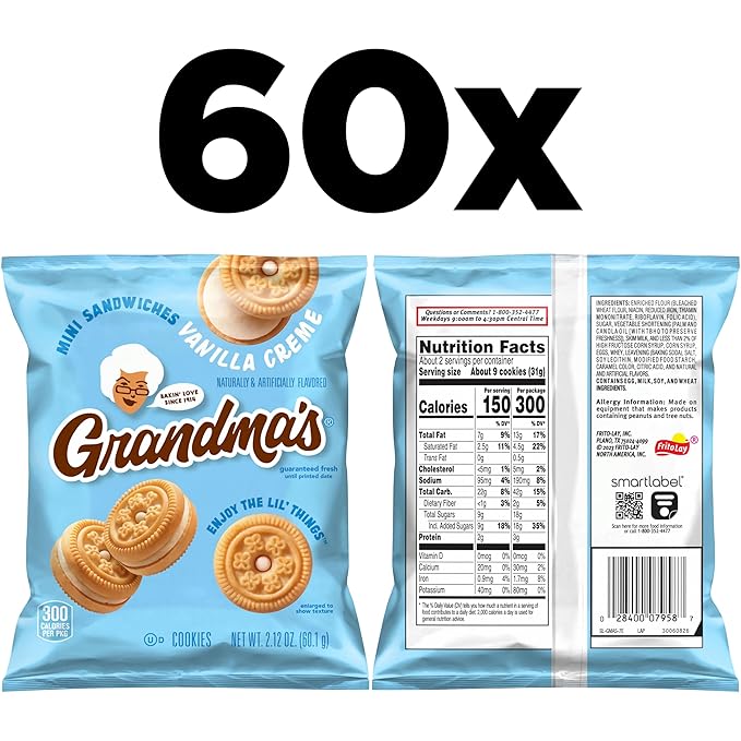 Grandma's Cookies, Mini Sandwich Crèmes Vanilla, 2.12 Ounce (Pack of 60)