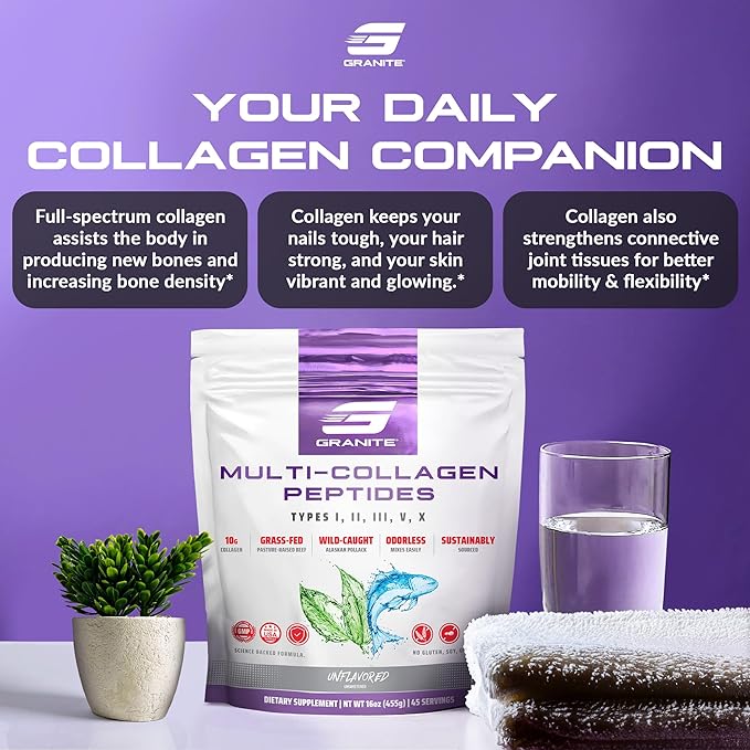 Granite Supplements Collagen Peptides Powder - Hair Skin and Nails Vitamins with Type I, II, III, V, X Hydrolyzed Collagen Peptides for Nail Growth, Bone, Mobility, & Joint Support (16oz)