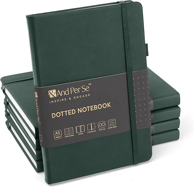 &And Per Se Dotted Journal Notebook (5 Packs), A5 Hardcover Leather Dotted Journal, 160 Pages 100 gsm Thick Paper, 3 Sheets of Stickers Included- 5.7'' x 8'' (Green