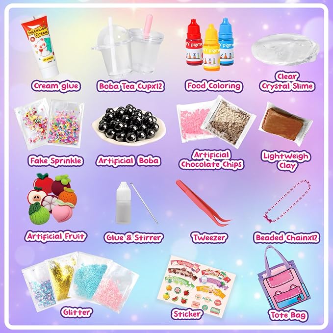 46PCS Slime Boba Tea Making Kit for Girls Ages 8-12, DIY Pretend Play Food Toys, Bubble Tea Cups, Bag, Clear Slime, Add-ins, Making Miniature Food, Party Favors for Kids 6 7 9 10 11