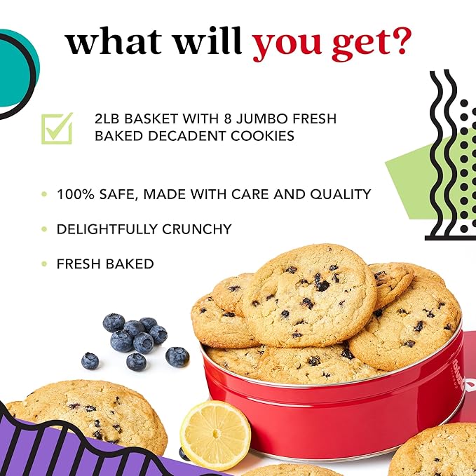 David's Cookies Fresh Baked Decadent Jumbo Lemon Gourmet Cookies – 2lb Gift Basket Tin with 8 Large Lemon Cookies – Bakery-Style Soft and Chewy Dessert for Holidays, Birthdays, Thank You Gifts