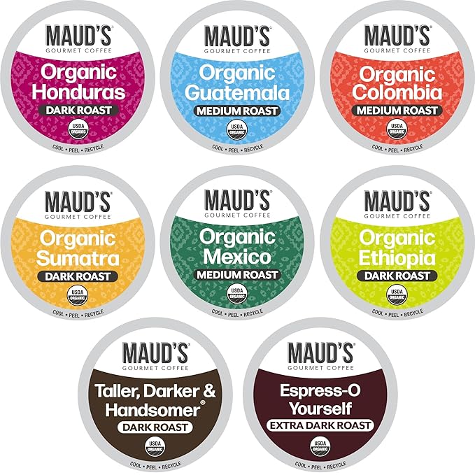 Maud's Organic Coffee Pods Variety Pack, 56 ct, 8 Assorted Flavors, Recyclable Single Serve Pods – 100% Arabica Coffee, Compatible with Keurig K Cups Maker