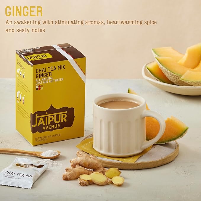 Jaipur Avenue Ginger Chai Tea Mix Crafted with All-Natural Assam Black Tea, Ginger, Cane Sugar, and Premium Dry Milk - Preservative-Free, Gluten-Free, Authentic Indian Chai Tea Latte (15 Servings)