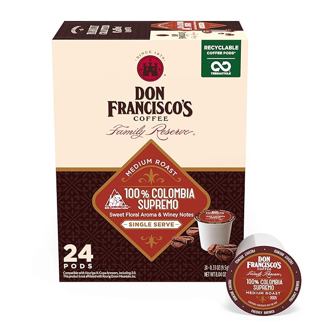 Don Francisco's Colombia Coffee - 24 K-Cup Compatible Single-Serve Pods - 100% Arabica - Recyclable through TerraCycle - Floral Aroma with Winey Notes - Compatible with Keurig Brewers