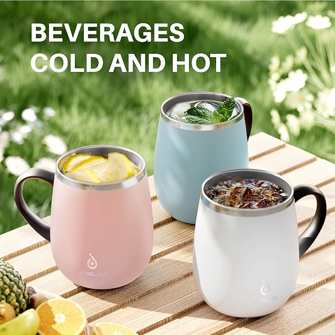 Ideus 16 oz Insulated Coffee Mug with Handle and Lid, Double Wall Stainless Steel Vacuum Thermal Coffee Mug, Travel Coffee Cup Thermal Cup for Home and Office, Sakura Pink