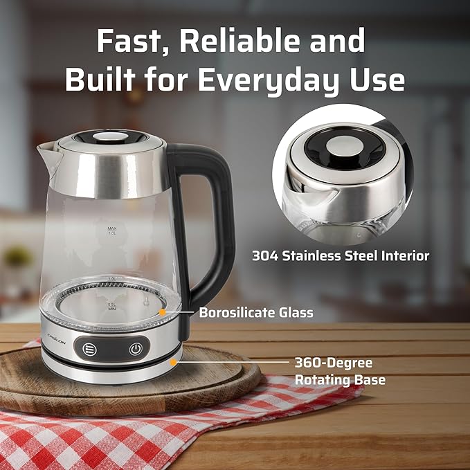 Epsilon 1.8L Glass Electric Kettle – Hot Water Tea Kettle with Borosilicate Glass & Stainless Steel, Auto Shut-Off, Fast Boil 1500W Electric Teapot, BPA-Free, Cool Touch Base