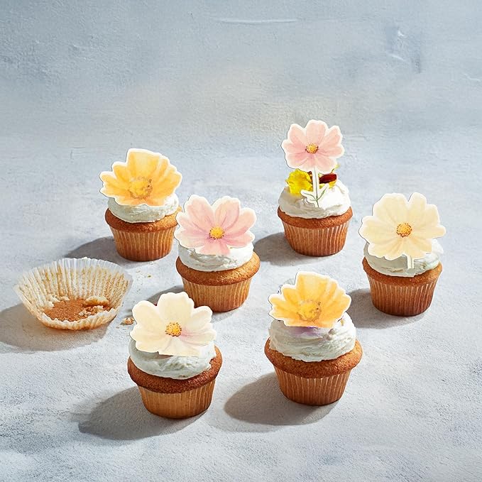 Ephlyn 50Pcs Edible Flower Cupcake Toppers Wafer Paper Spring Bridal Engagement Baby Shower Birthday Party Cupcake Picks Anniversary Party Decorations Supplies Multi