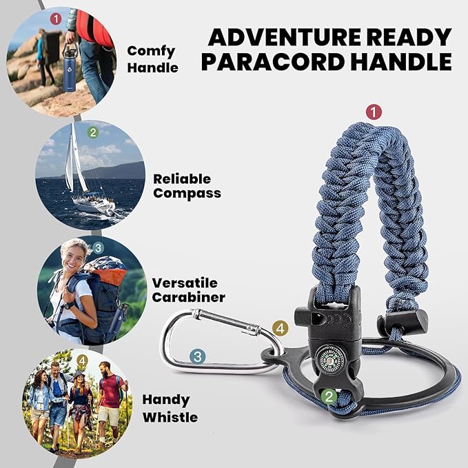 Insulated Water Bottle 40 oz, Triple Wall Vacuum Stainless Steel (Cold for 48 Hrs), Leak Proof & Non-BPA, Modern Water Flask Jug with Paracord Handle & Straw Spout Lids, Navy Blue
