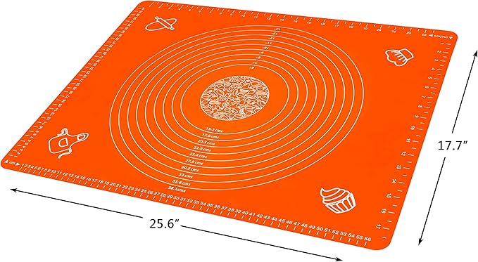 Silicone Baking Mat for Rolling Pastry Dough with Measurements, 25.6 x 17.7 BPA Free Non stick and Non Slip Orange Table Sheet Baking Supplies for Bake Pizza Cake