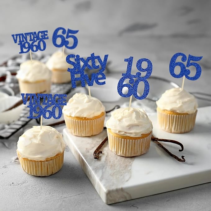 Gyufise 24Pcs Vintage 1960 Cupcake Toppers Glitter Cheers to 65 Fabulous Sixty Five Cupcake Picks 65th Birthday Wedding Anniversary Party Cake Decorations Supplies Deep Blue