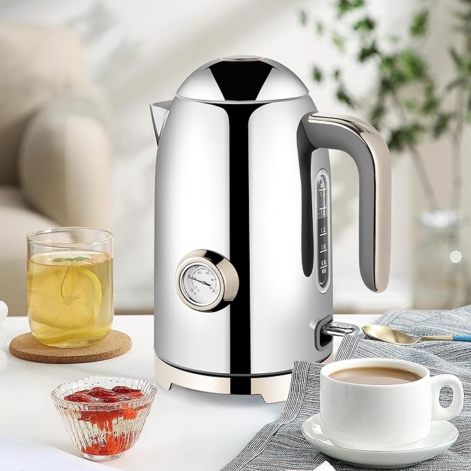 SUSTEAS Electric Kettle - 57oz Hot Tea Water Boiler with Thermometer, 1500W Fast Heating Stainless Steel Pot, Cordless LED Indicator, Auto Shut-Off & Boil Dry Protection, Silver