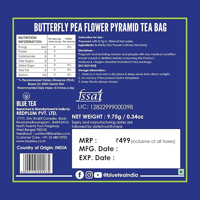 BLUE TEA - Butterfly Pea Flower Tea - 15 Count - Pyramid Plant Based Tea Bag | ANTIOXIDANT RICH | Herbal Tea - Caffeine Free - Detox Tea - Flower Based - Non Bitter | Reusable Tin Pack