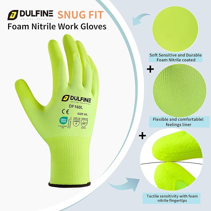 DULFINE Work Gloves for Men and Women,Hi-Vis Yellow Knit Nylon Glove with MicroFoam Nitrile Coated-12 Pairs Pack,Ideal for General Purpose,Automotive,Home Improvement,Painting(Medium)