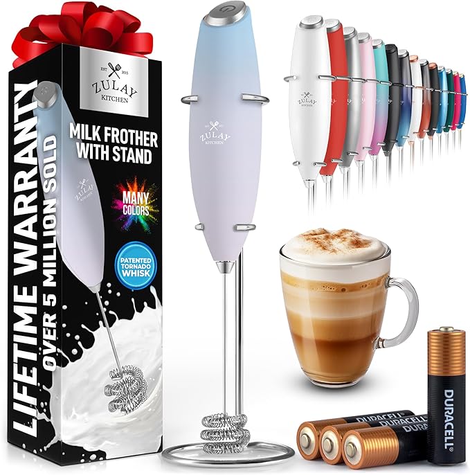 Zulay Kitchen Tornado Whisk Milk Frother with 4 AA Duracell Batteries - Triple Whisk for More Power - Handheld Coffee Frother with Stand - Drink Mixer for Lattes, Matcha & Protein Shakes