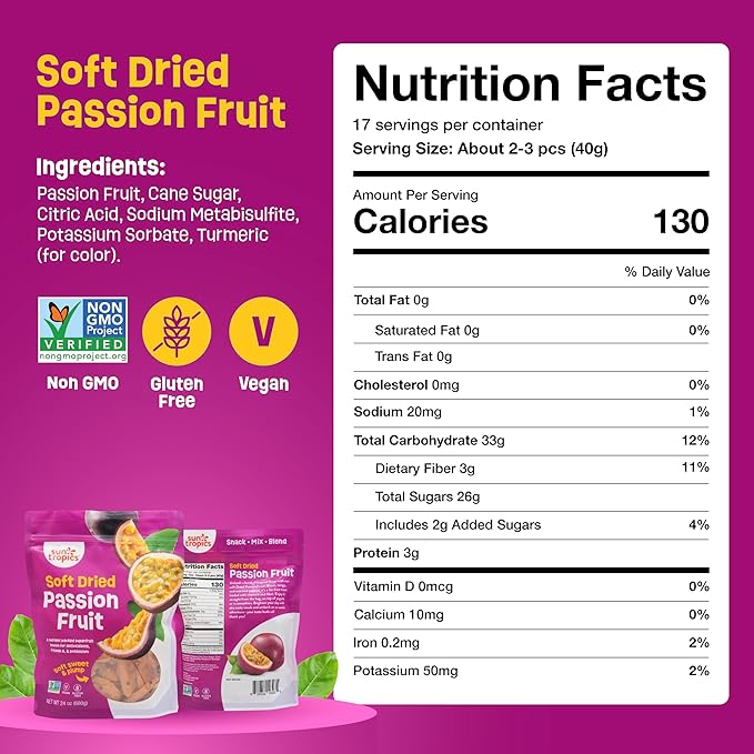 Soft Dried Passion Fruit Snack – Sweet Tangy Tropical Fruit Slices, High in Fiber & Vitamin C, Fat-Free Vegan Snack for Smoothies, Yogurt, On-the-Go Travel Treats – Resealable Pack