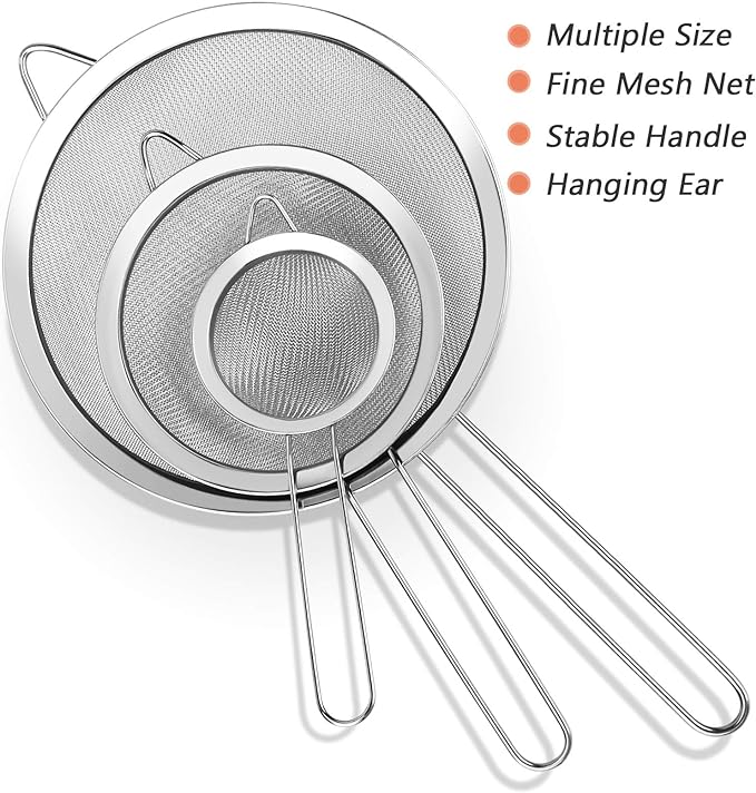 3Pcs Super Wire Extra Fine Mesh Strainer with Handle, Small Medium Large Size Sifter Metal Strainer Set, Stainless Steel Sieve Fine Mesh Strainers for Kitchen Rice Juice Quinoa Food Flour Baking YLYL