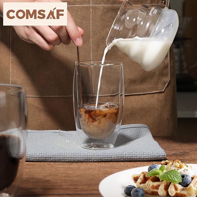 ComSaf 15oz Double Wall Glass Coffee Mugs, Insulated Latte Cups Set of 2, for Coffee, Espresso, Tea, Milk, Clear Cappuccino Cups Set Glassware Gift for Christmas Birthday