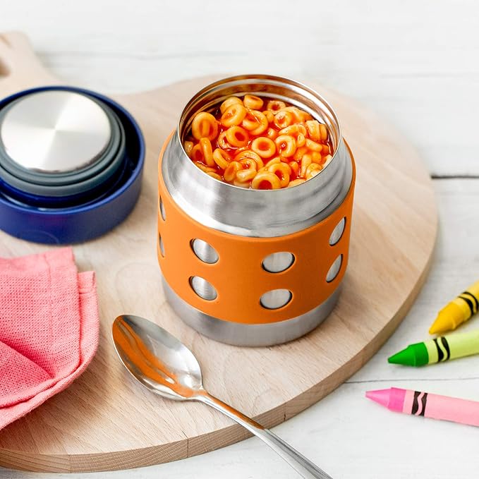 LunchBots Thermal 8 oz Triple Insulated Thermos - Hot 6 Hours or Cold 12 Hours - Leak Proof Thermos Soup Jar - All Stainless Interior - Navy Lid - Orange Dots