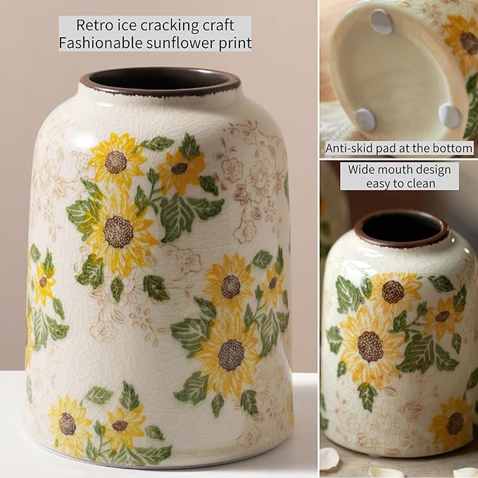 Vintage Ceramic Vase, 7.9 Inch Chinoiserie Sunflower Yellow Floral Vases, Retro Ice Cracked Rustic Antique Flower Vases for Modern Coffee Table Home Decor (Medium Cylinder)