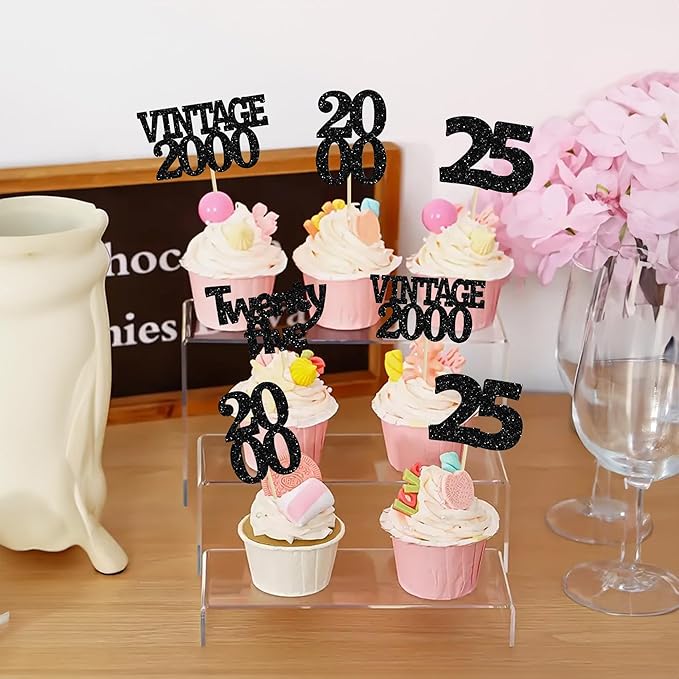 Gyufise 24Pcs 25th Birthday Cupcake Toppers Glitter Twenty-five Vintage 2000 Cheers to 25 Cupcake Picks Hello 25 Years Birthday Cake Decoration for Happy 25th Birthday Anniversary Party Supplies Black