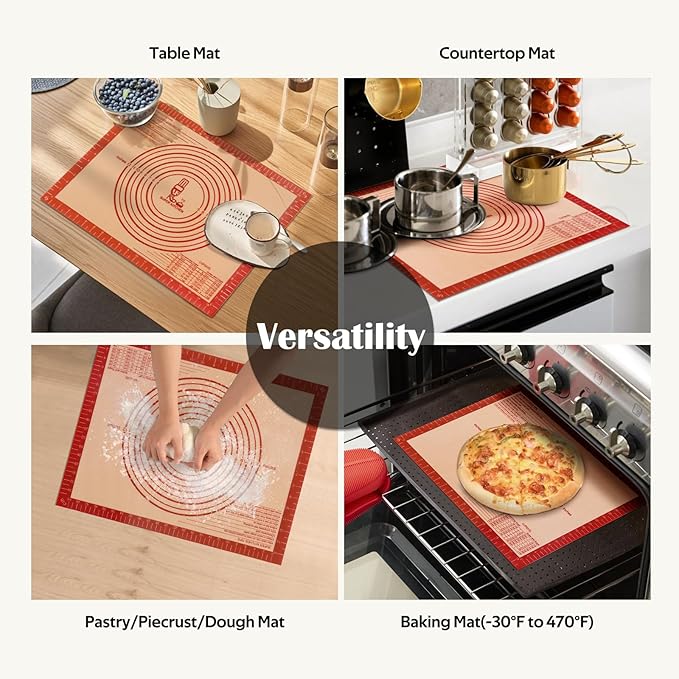 Extra Thick Silicone Pastry Mat Large for NonStick Baking Mat with Measurement，For Kneading,Fondant/Counter Pad, Dough Rolling, Silicon Cookie Sheet, Pie Crust Bake (16×20, Red)