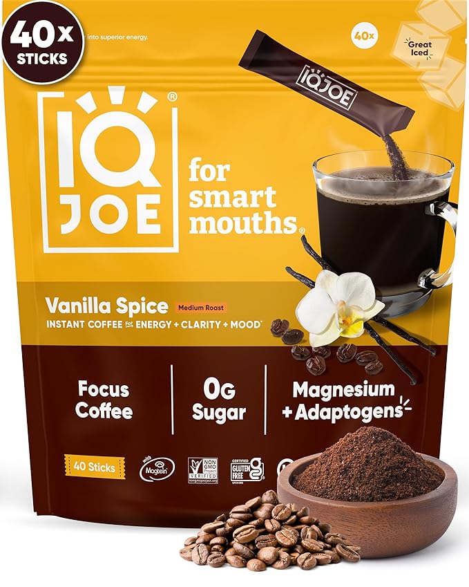 IQJOE Mushroom Coffee Packets (40 Servings) Lion’s Mane, Magtein Magnesium, Antioxidants, Adaptogens - Vanilla Spice - Instant Coffee for Focus, Clarity, Mood, Energy Boost - Sugar Free, Keto, Vegan