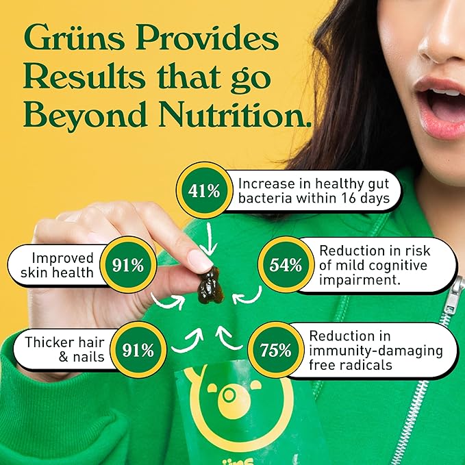Gruns Adult Sugar-Free Super Greens Gummies, Superfood Vitamin Gummy Bears with Spirulina, Chlorella, Fiber & Prebiotics for Digestive Health, Adaptogens Supplement, 20 Vitamins & Minerals, 28 packets